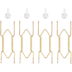 4 Pack Plate Hangers for The Wall, Suitable for 6-8 inch Art Plate, Stainless Steel Invisible Heavy Duty Wire Plate Holder with Wall Hooks, Plate Hangers for Displaying Plates, Platter, Dish, Gold