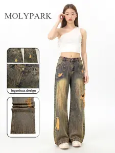 Women's Comfortable High-Waisted Denim Jeans, Graffiti Hole Design, Cement, Street Style All-Season Wear