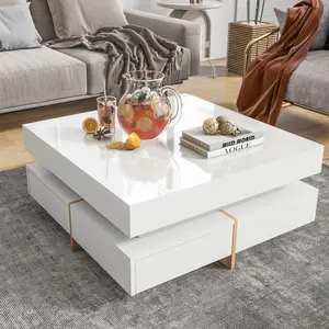 Modern High Gloss Coffee Table with 4 Drawers, Multi-Storage Square Cocktail Tea Table with Wood Grain Legs, Center Table for Living Room, 31.5''x31.5'', White
