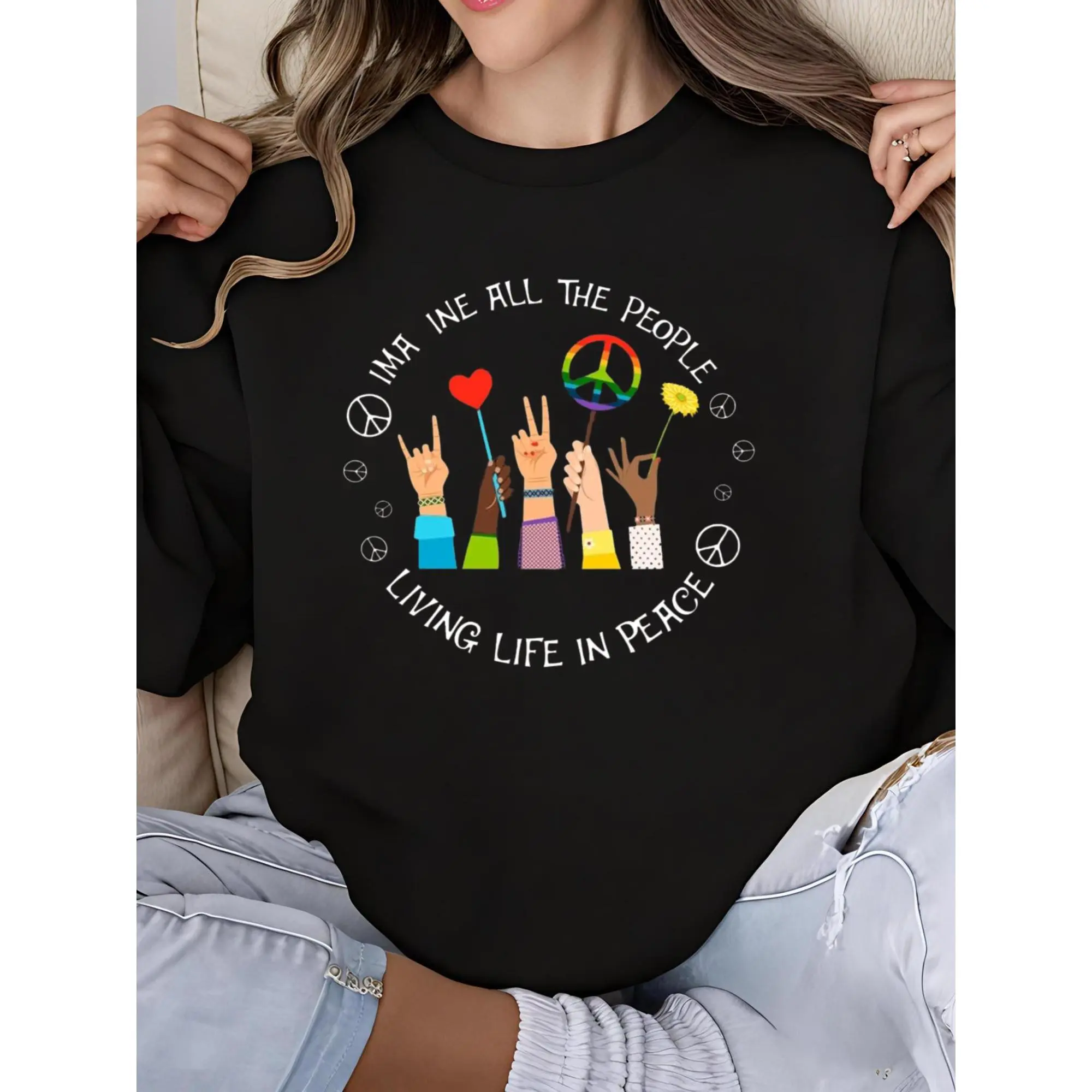 60s 70s Hippie Peace Sign Sweatshirt for Women Crew Neck Long Sleeve Vintage Inspired Imagine All The People Living Life in Peace Graphic Print Casual Streetwear