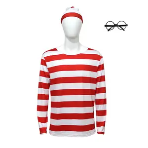 Hot Selling Christmas Costume T-Shirt Red Striped with Hat and Glasses Performance Outfit Christmas New Year Costume