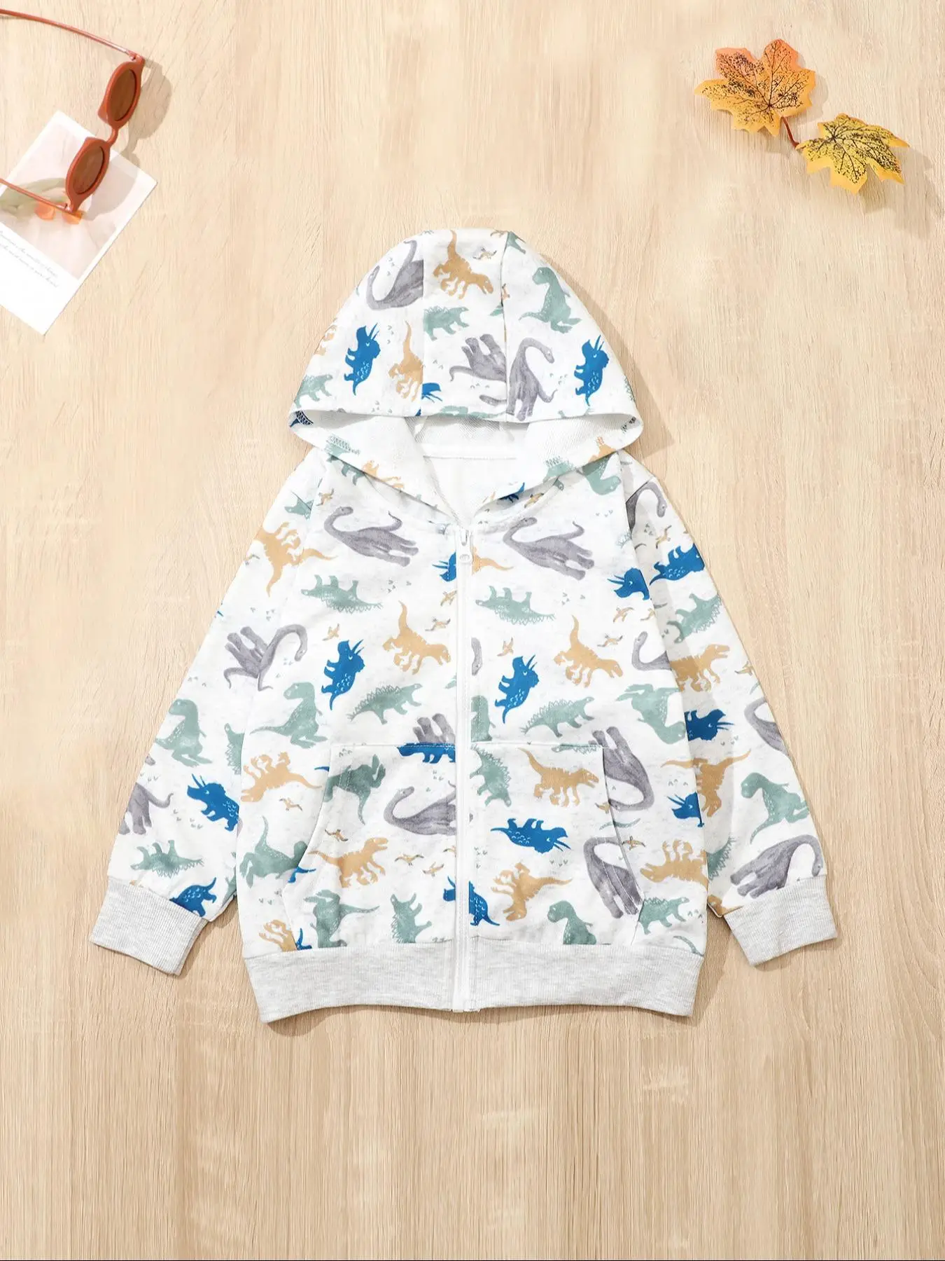 Toddler Boy's Dinosaur Print Zip Up Hoodie, Casual Long Sleeve Pocket Hooded Jacket for Fall & Winter, Kids Clothes for Daily Wear