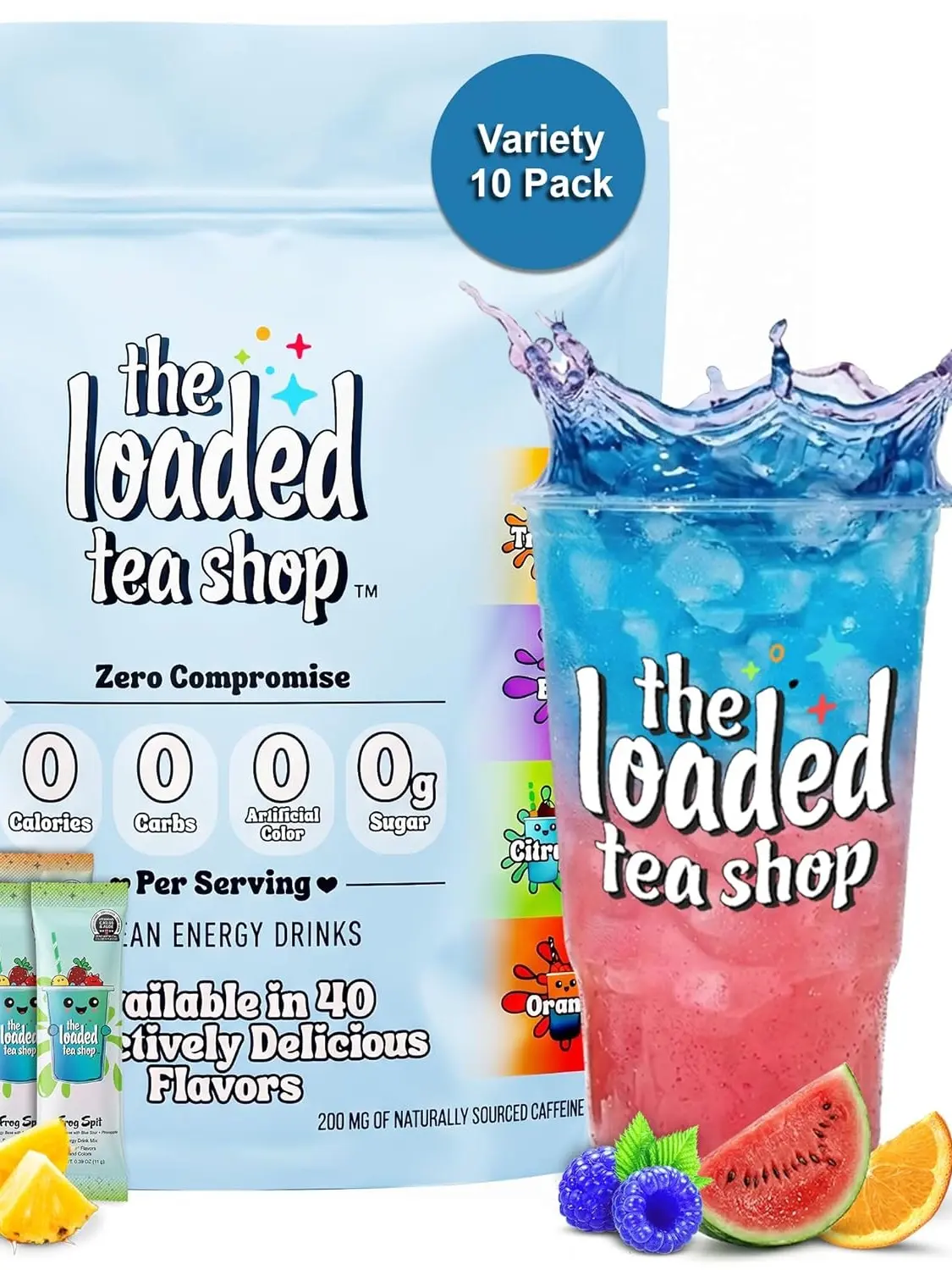 The Loaded Tea Shop Energy Drink Mix Sticks Variety Pack 10 Count, Sugar Free, Zero Calorie Drink Mix, 200mg Natural Caffeine, B Vitamins, Natural Flavor Powder Packets