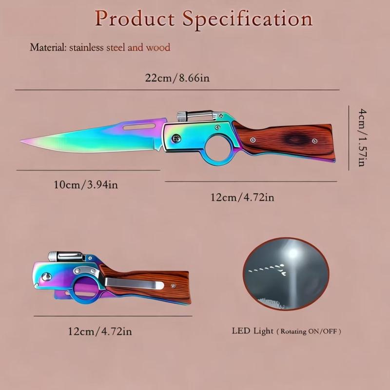 Multi-functional folding knife, quick flip, rotating to turn on the light, safety lock, folding design, suitable for wilderness survival, camping, exploration, hunting, and as a gift for friends and family