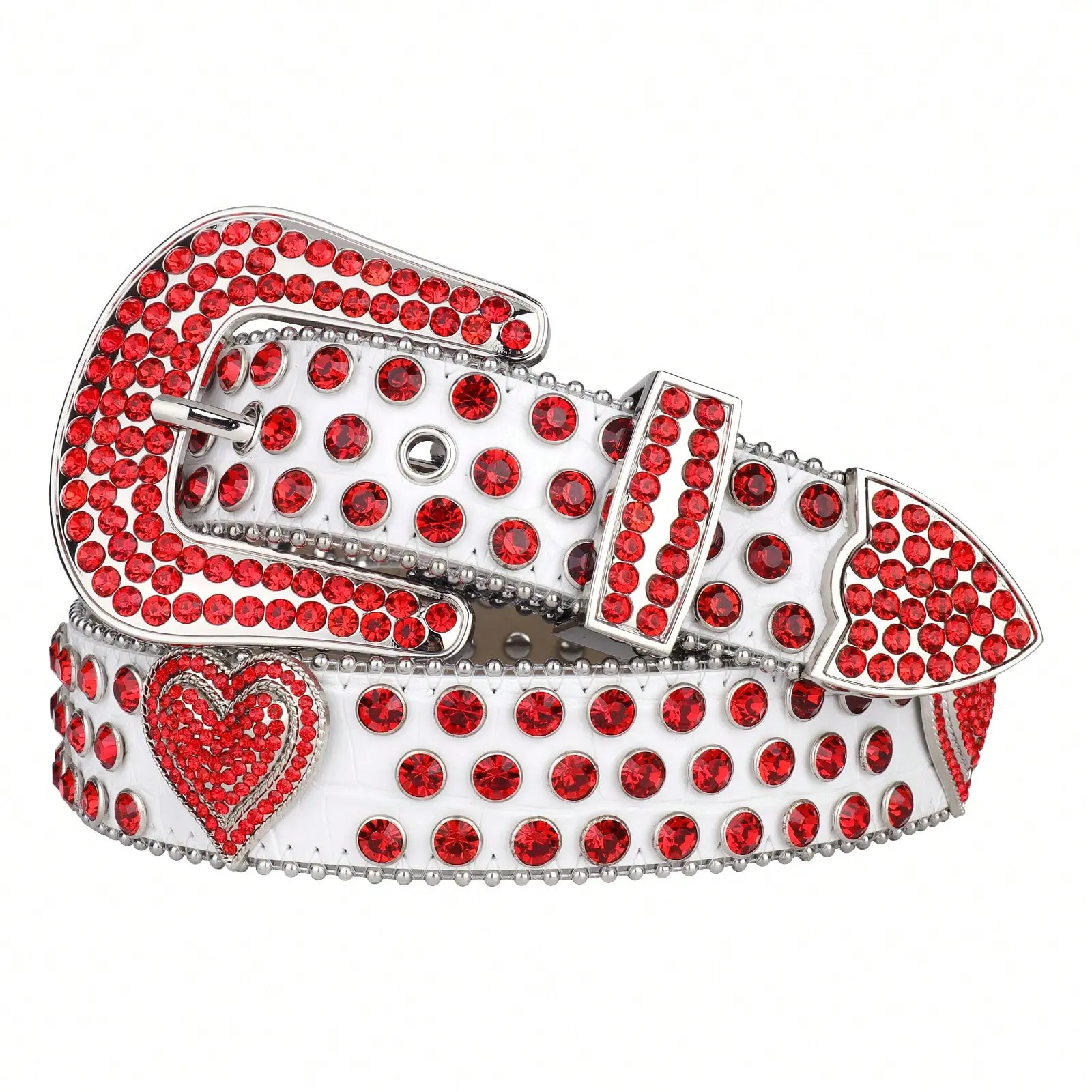 White crocodile-embossed belt with red rhinestone heart detail, American Western-style intricately embellished rhinestone leather belt, Y2K “hot girl” aesthetic waist chain, easy to pair with low-rise jeans, skirts, and denim sets, suitable for everyday o