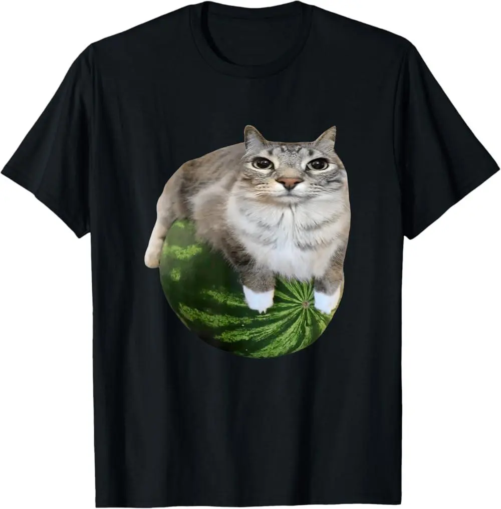 Unisex Watermelon Cat Meme Graphic T-Shirt, Casual Short Sleeve Cut, Round Neck, Soft 100% Cotton Fabric, Shortsleeve, Top, Tshirt, Humorous, Graphic Print, Well-Fitted