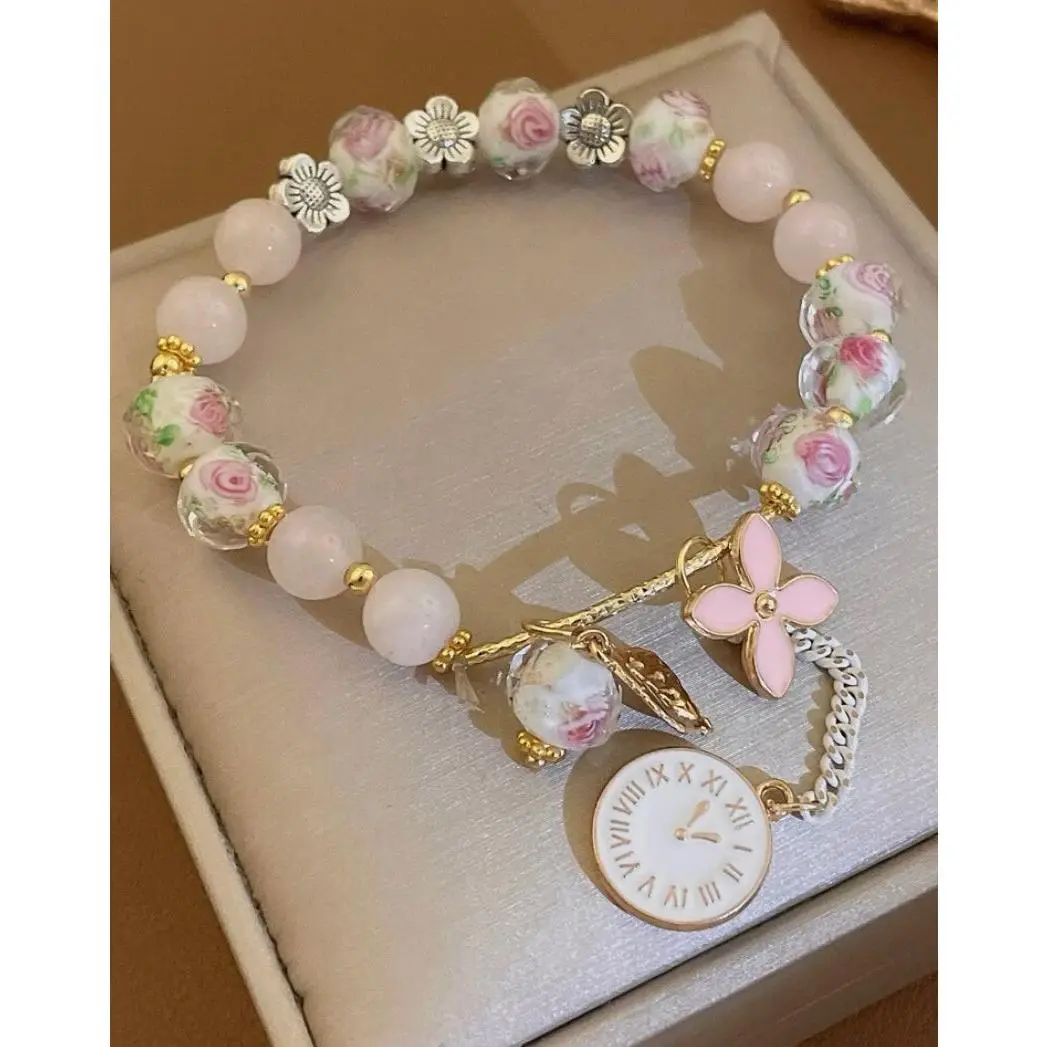 Pink Flower charm beaded bracelet