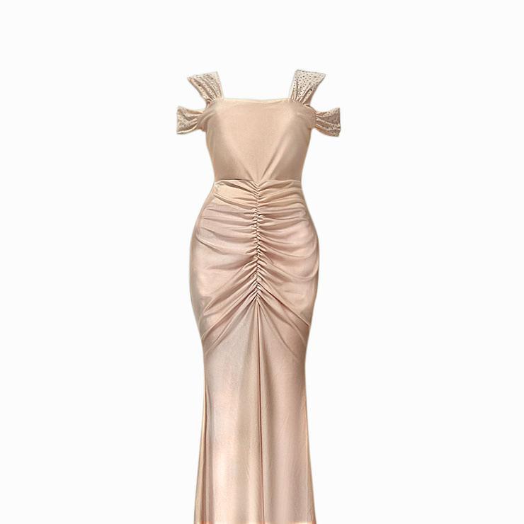 Summer Black Apricot European and American Style Elegant Hot Diamond Off-shoulder Slim High Waist Hip Slit Dress Milkmaid Dresses Evening Fabric