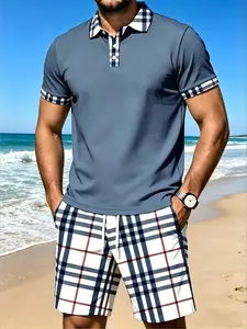 Men's Summer Beach, Short Sleeve Polo Shirt and Plaid Shorts Set, Blue Casual Beach Vacation Clothing, Slim-Fitting Graphic Tee