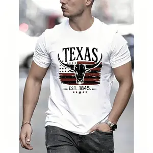 Texas bull head pattern men's T-shirt, black tropical style casual short-sleeve shirt, soft and comfortable, machine washable