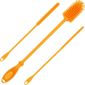 Silicone Bottle Brush with 2 Straw Cleaners - 12.5” Water Bottle Cleaner Brush for Yeti, Hydro Flask, Owala, Stanley, Baby Bottles, Glassware, Vases & Narrow Neck Containers - Orange