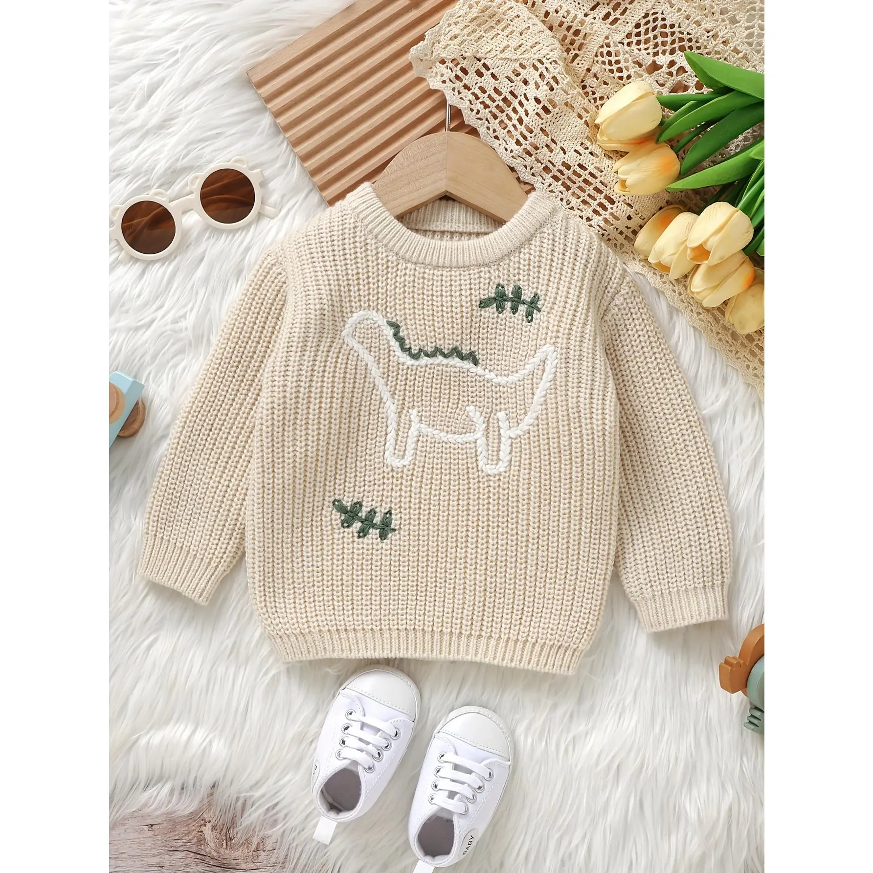 6-Months-3-Years Cute Dinosaur Pattern Embroidered Sweater for Boys - Long Sleeve Crew Neck Warm Knit Pullover, Infant and Toddler Knitted Top, Classic Style
