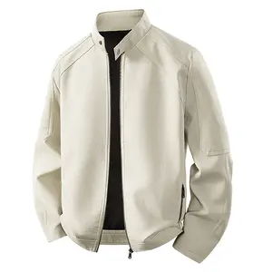 Men's Beige Faux Leather Jacket - Stand Collar, Zipper Closure, Classic Casual Outerwear for Everyday & Light Business Style