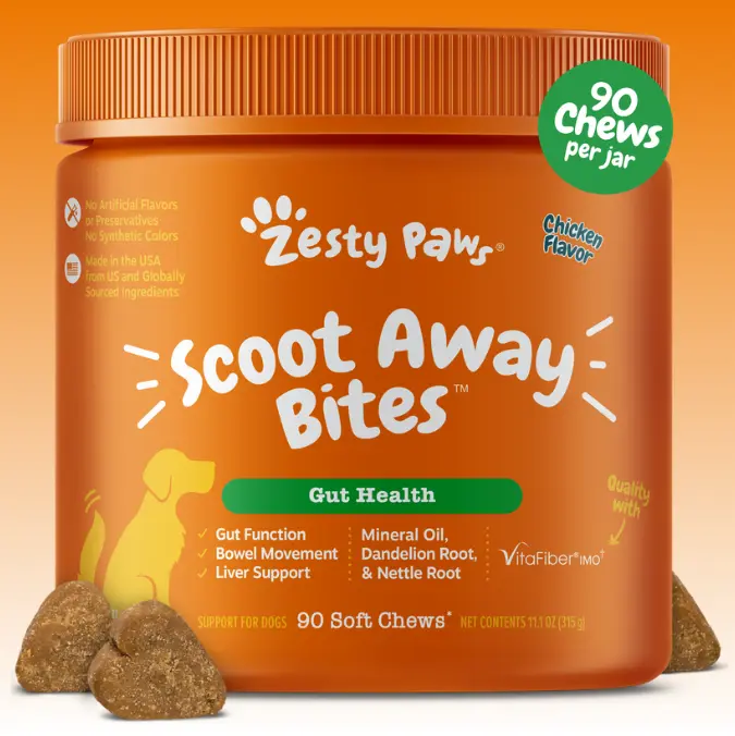 Zesty Paws Scoot Away Bites™ for Dogs Feeding - 90 Soft Chews with VitaFiber & Mineral Oil for Gut Health & Bowel Function Support