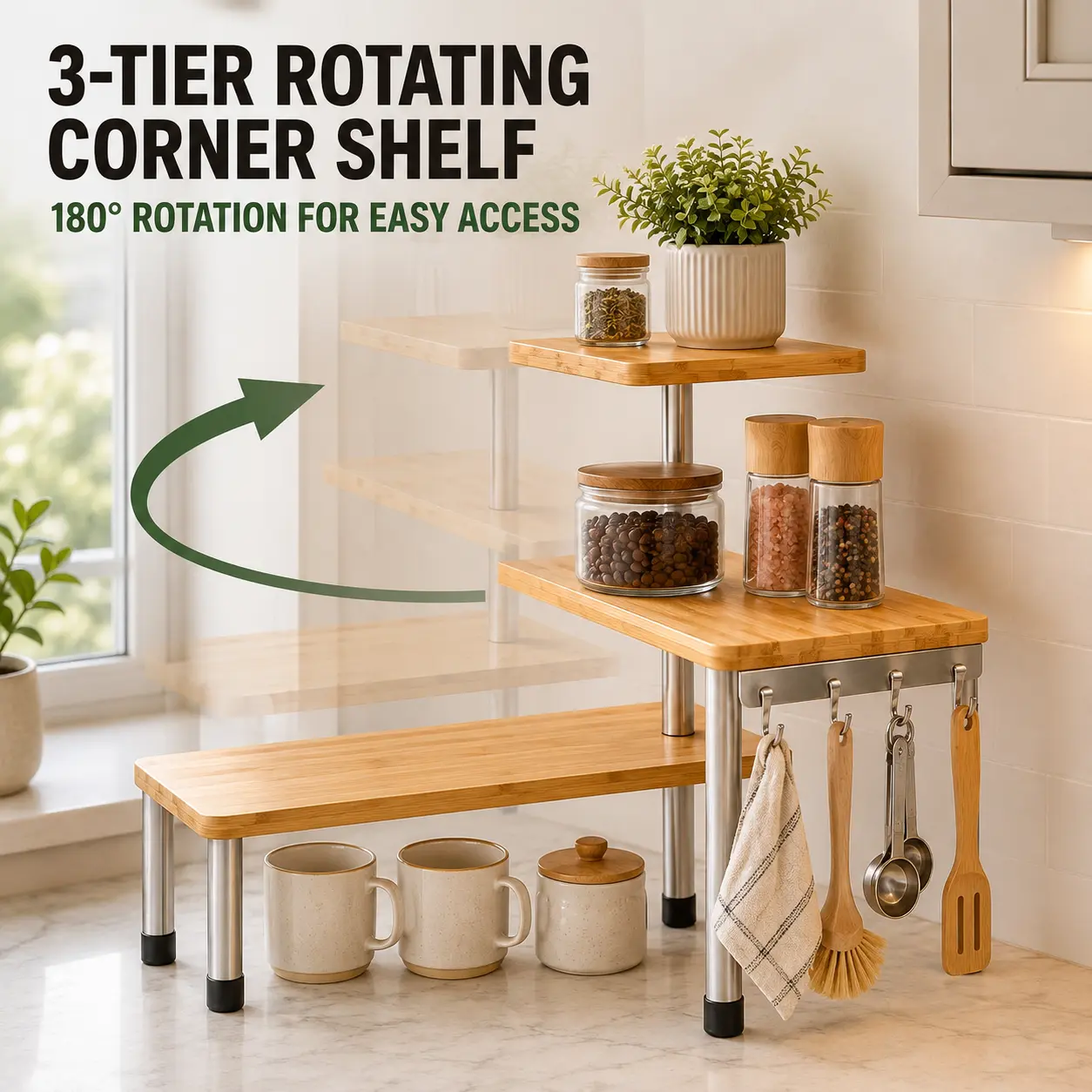 3-Tier Corner Shelf, 1-Pack 180° Rotatable Countertop Storage Rack with 4 Side Hooks, Adjustable for Bathroom & Kitchen Decor Decor