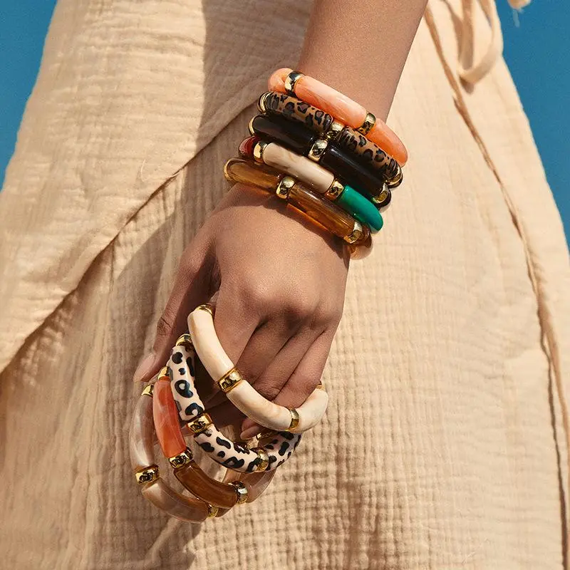 KMVEXO Summer Acrylic Bamboo Beads Bracelet for Women Multi Color Stretchy Resin Girls Charm Couple Bangles Men Jewelry Gift
