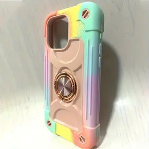 iPhone 15 Pro Max 14 13 12 11 XR Case - 3-in-1 Shockproof Silicone & PC Rugged Protective Cover with 360° Swivel Ring Stand, Adjustable Drop Resistant Heavy Duty Protection - Laser CD Pattern Design