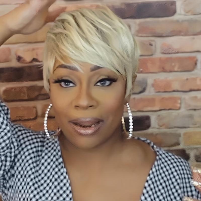Synthetic Wig Pixie Cut Wig Honey Blonde Short Wavy Wig With Bangs For Women