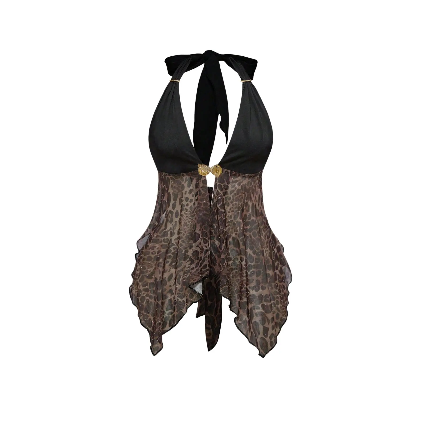 Women's Summer Tank Top Music Festival Wild Chic Retro Leopard Print with Rhinestone Halter Neck Tight Asymmetrical Hem