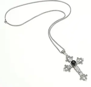 Gothic Cross Necklace Silver-Tone Pendant with Glass Stone, on 25” Steel Chain, Cross Necklace for Women, Large Goth Silver Cross Necklaces for Man, Big y2k Necklaces, Halloween Jewelry