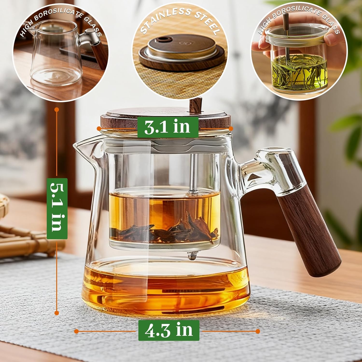650ml/22oz Glass Teapot with Strainer - Glass Wood Portable Tea Tumbler with Removable Infuser, Button-Press Tea-Soup Filter, for Outdoor and Home Use
