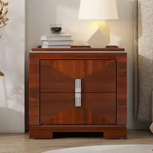 Mid-Century Modern Nightstand 2 Drawers Wide Sofa Side Table with Silver Metal Handles Wood Diamond Shaped End Table with Silent Metal Slides Small Bedside Table for Bedroom Easy Assembly (Dark Brown)