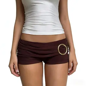 Women's Low Rise Micro Shorts Ruched Brown Metal Ring Going Out Date Night Party 2026 Lightweight Fashion Casual