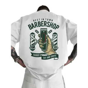 180g[100%cotton]Men's Barber Shop Pattern T-Shirt, Electric Razor Print, Round Neck Short Sleeve Summer Top, Comfortable Fit Design