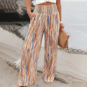 Women's Tie Dye Print High Wait Shirred Elastic Waist Pleated Wide Leg Pants