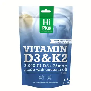 HiPlus Vitamin D3 10,000 IU + K2 (MK-7) 200mcg 300 Softgels with Coconut Oil for Calcium Absorption Bone Immune Heart Health Dietary Supplement Healthcare Natural