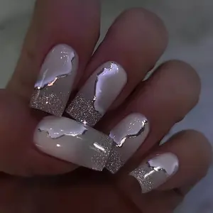 24pcs Long Square Glitter Gradient Nail Stickers, Gradual Color Fake Nails, Acrylic Press-On Nails Set with Jelly Glue & File