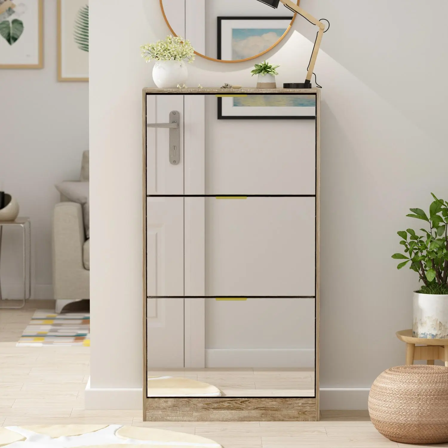 Modern Shoe Storage Cabinet with 3 Drawers & Mirror, Wood 3-Tier Shoe Rack Organizer for Entryway, Bedroom & Hallway, Brown (22.4”W x 9.6”D x 42.1”H)