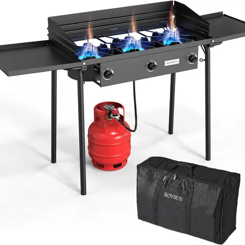 ROVSUN 2/3 Burner Propane Gas Stove with Side Shelf & Carrying Bag, 150,000/225,000BTU Outdoor Burner with Wind Panel & CSA Listed Regulator, Picnic Cooker for Home Patio Cooking Camping Brewing Turkey Frying