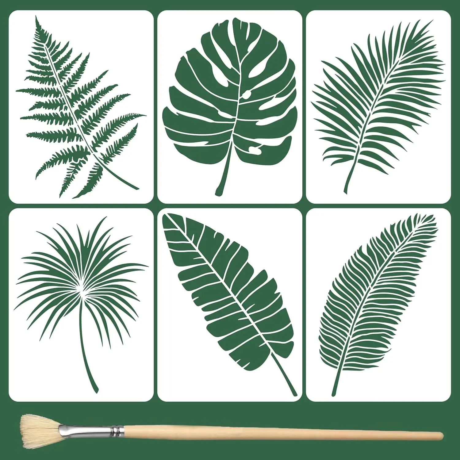 6PCS Large Leaf Stencils for Painting on Walls 16 x 12 Inch Plant Stencil with Brushes Palm Leaf Wall Stencil Tropical Leaves Stencils Plastic Drawing Templates for Wall Furniture Fabric