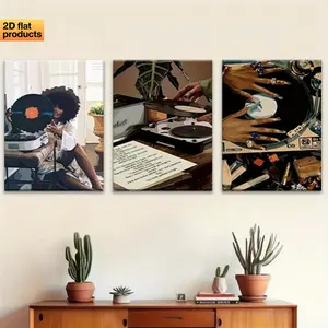 2D canvas print, a three-piece set, includes wooden framed wall art, featuring a vintage vinyl record player and a vintage turntable, designed specifically for music lovers. This aesthetic canvas print can be used as a creative decoration