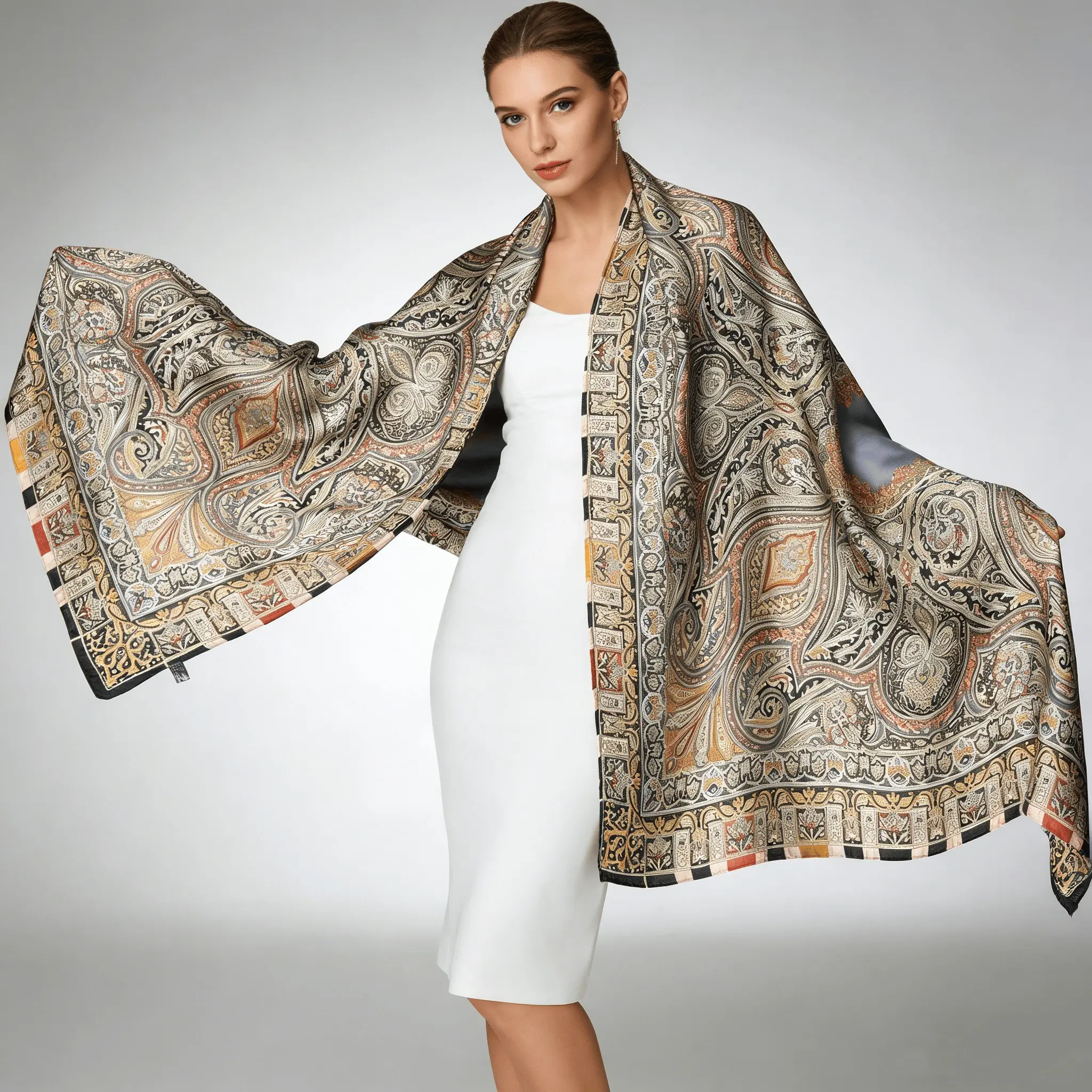 Women's Vintage Paisley Jacquard Long Scarf - Black and Gold Pattern Oversized Headscarf Shawl, Luxury Satin Fabric, Autumn and Winter Fashion Accessory, Daily/Dinner Styling Piece, Boho Style Scarf, Scarf Head Wrap