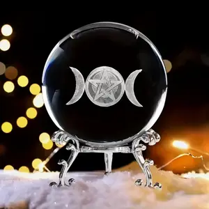 Triple Moon Goddess Engraved Crystal Ball with Silver Color Stand, Ideal for Divination & Meditation, Perfect for Weddings & Decor Gifts