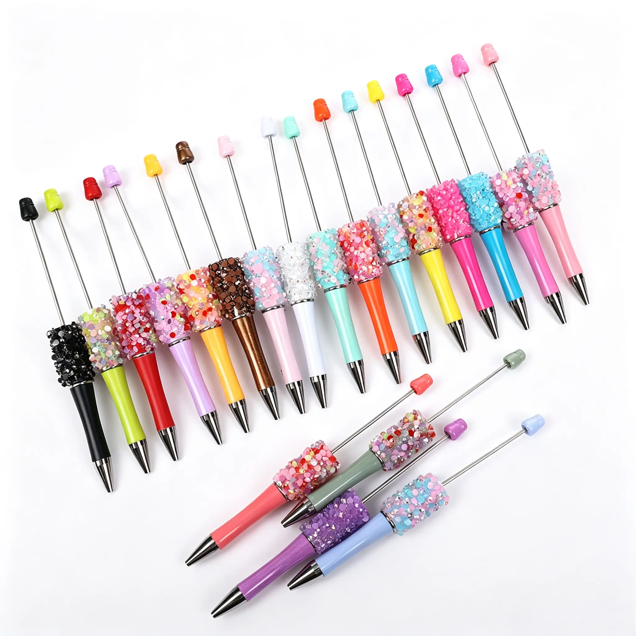 Diy 20pcs Petal Glitter Beadable Ballpoint Pens hand made Retractable Diamond Bead Pen Plastic DIY Bling Pens Cool Shaft Beaded Pen Black Ink bead pen
