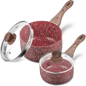 Nonstick Saucepan Set with Lid - 1.5 Quart & 3 Quart Stone Derived Coating Sauce Pan with Pour Spouts, Milk Pan & Pot with Bakelite Handle, PFOA PFOS Free, Red