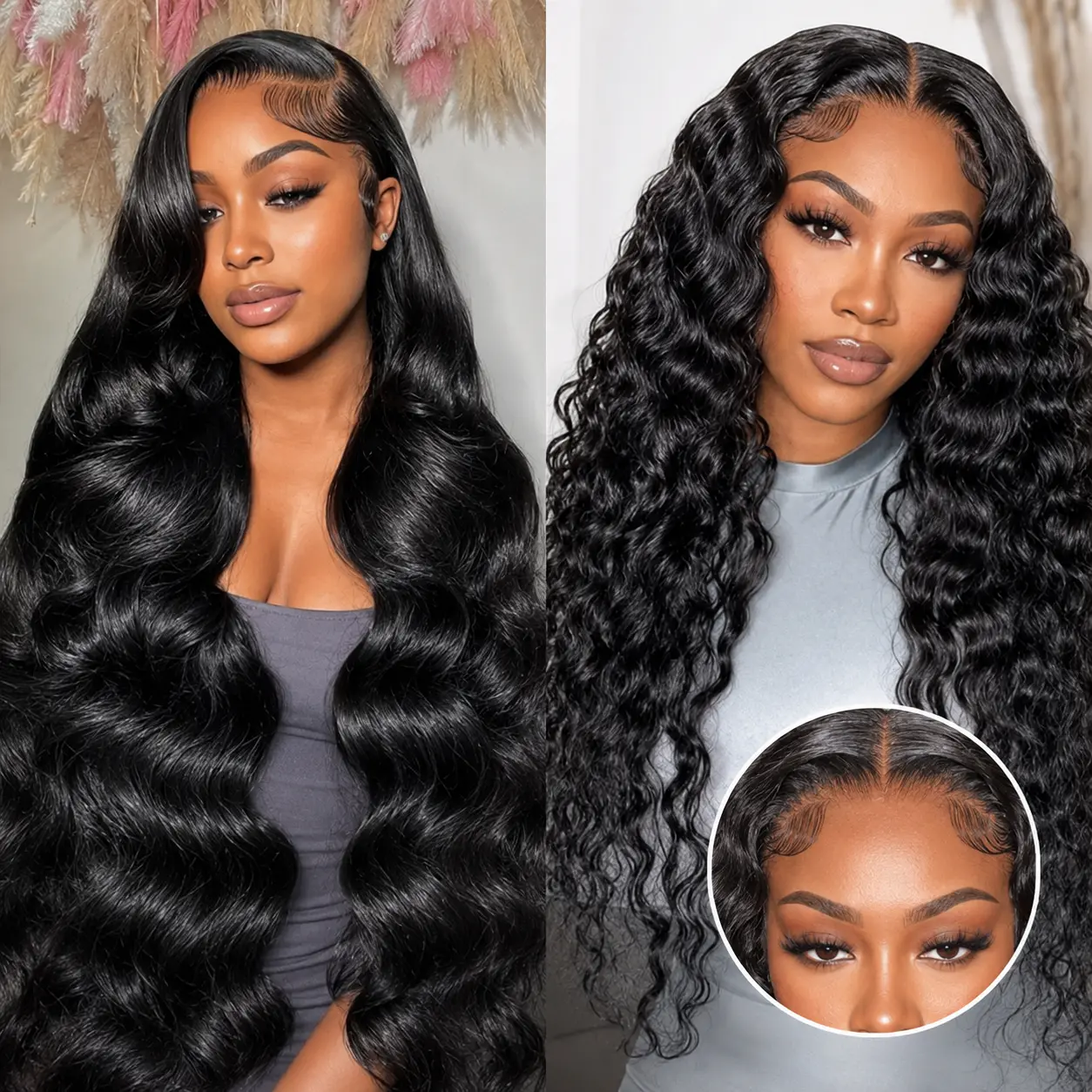 【Combo Sale Body + Deep】Buy 1 Get 1 Free 2 Pack 13x4 HD Transparent Lace Front Human Hair Wigs, 22-30 Inch Deep Wave Wig + 22 Inch Body Wave Wig, Pre-Plucked Natural Hairline with Baby Hair, 180% Density Full Volume Wigs for Black Women