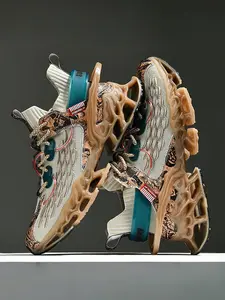 High-Top Functional Style Sneakers, Wing Press Pattern, One-Piece Flyknit Breathable Mesh, Hollow Out Tpu Sole, Streetwear Trendy Shoes