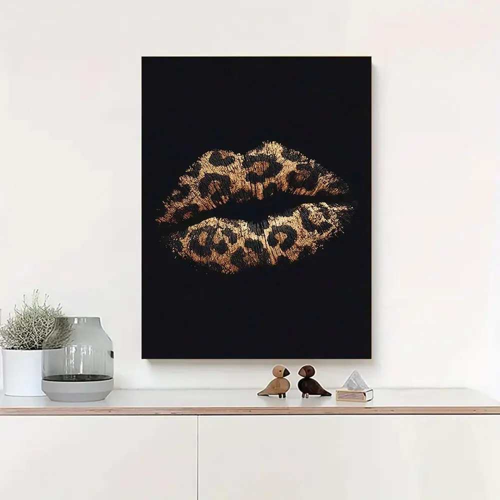 Ready-to-Hang Leopard Print Lips Canvas Print, Chic Fashion Home Decor Poster for Living Room, Kitchen, Fashion Lovers - Aesthetic Wall Art for Home Supplies