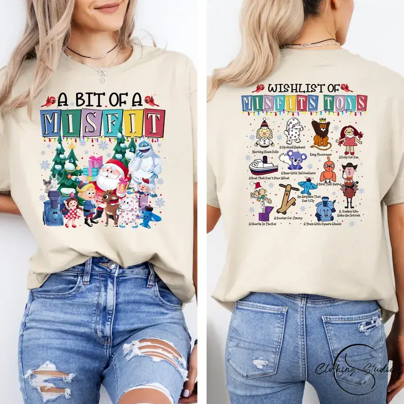 Women's Casual Misfit Toys Christmas T-Shirt, A Bit Of A Misfit Shirt, Rudolphs The Red Nosed Reindeer Shirt, Christmas Wishlist Shirt, Christmas Gifts