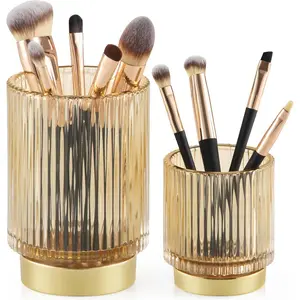 Makeup Brush Holder,2 Pack Glass Makeup Brush Holder Organizer Store Cosmetic Tools,Eyeliner,Storage Organizer for Vanity,Bathroom and Bedroom Countertop Storage.(Amber S+L)