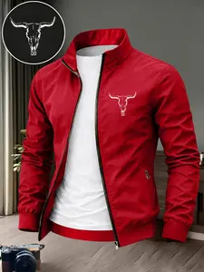 Men's Casual Skull Print Long Sleeve Jacket, Durable Zipper Outerwear, Business Style Outdoor Coat, Slim Fit, Perfect Gift for Him, Fall & Winter, Casual Fashion Jacket