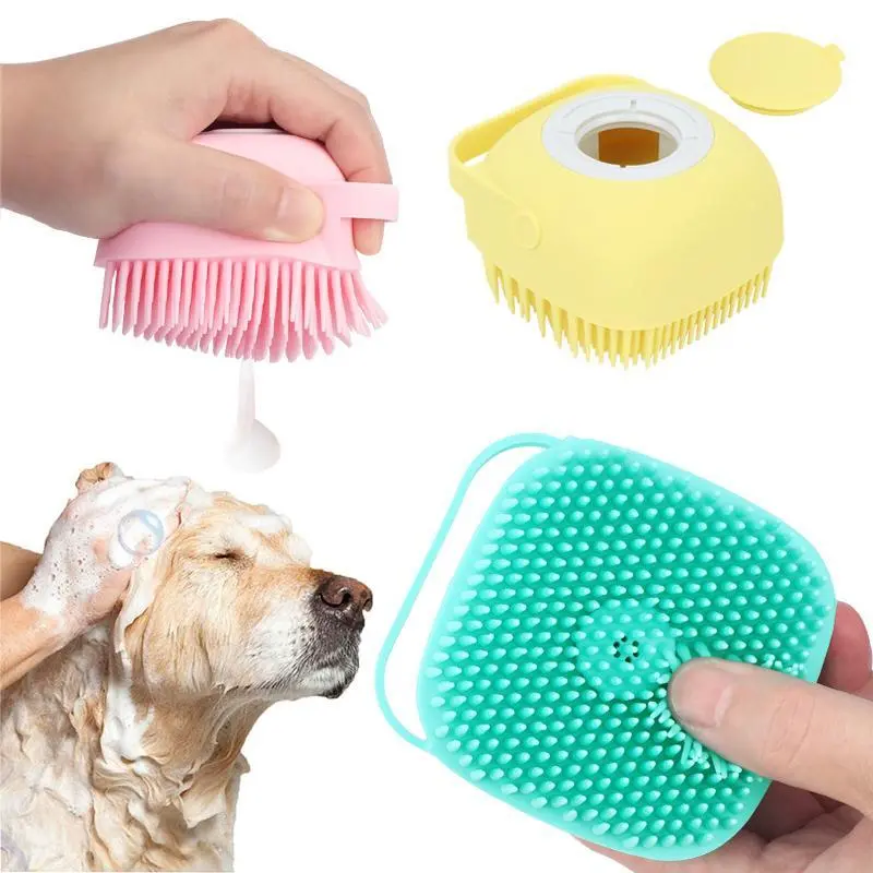 Pet Bath Brush for Dogs & Cats, Silicone Massage Brush with Shampoo Dispenser, Detachable Head, Durable Soft Bristles, Moisturizes Skin, Pet Grooming Bath Accessory Set