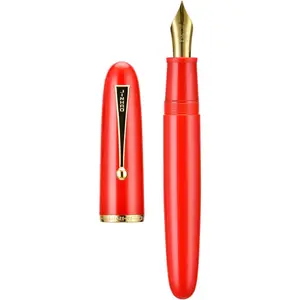 Jinhao 9019 DaDao Series Fountain Pen, Size 8 Fine Heartbeat Nib with Large Ink Converter, Bright Red Acrylic Design Smooth Writing Pen (Gold Trim)