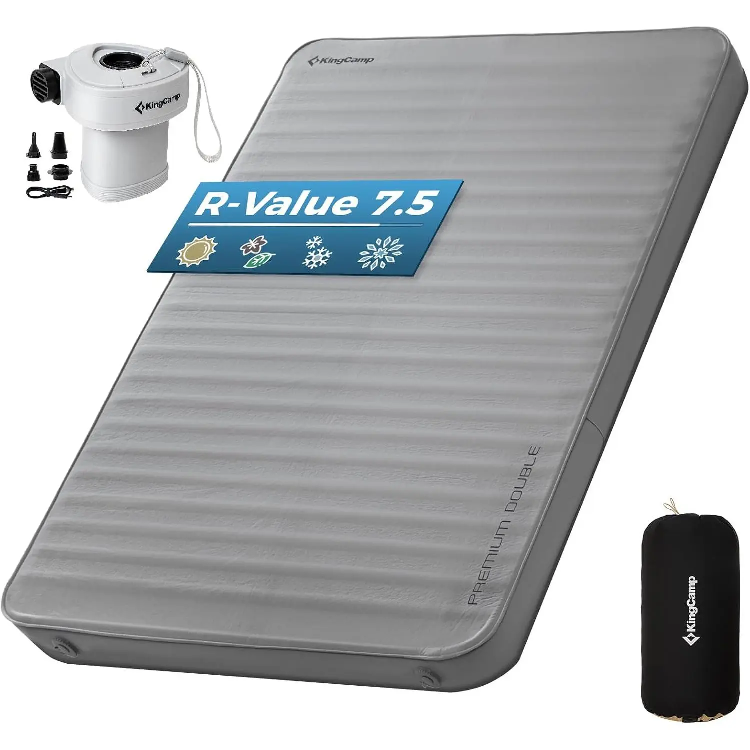 KingCamp Premium Double Self-Inflating Sleeping Pad with Air Pump, 7.5 R-Value Inflatable Airbed, 3" Thick Full-Size 2-Person Foam Camping Mattress, PVC-Free Grey Outdoor Camping Supplies for Car Camp Tent