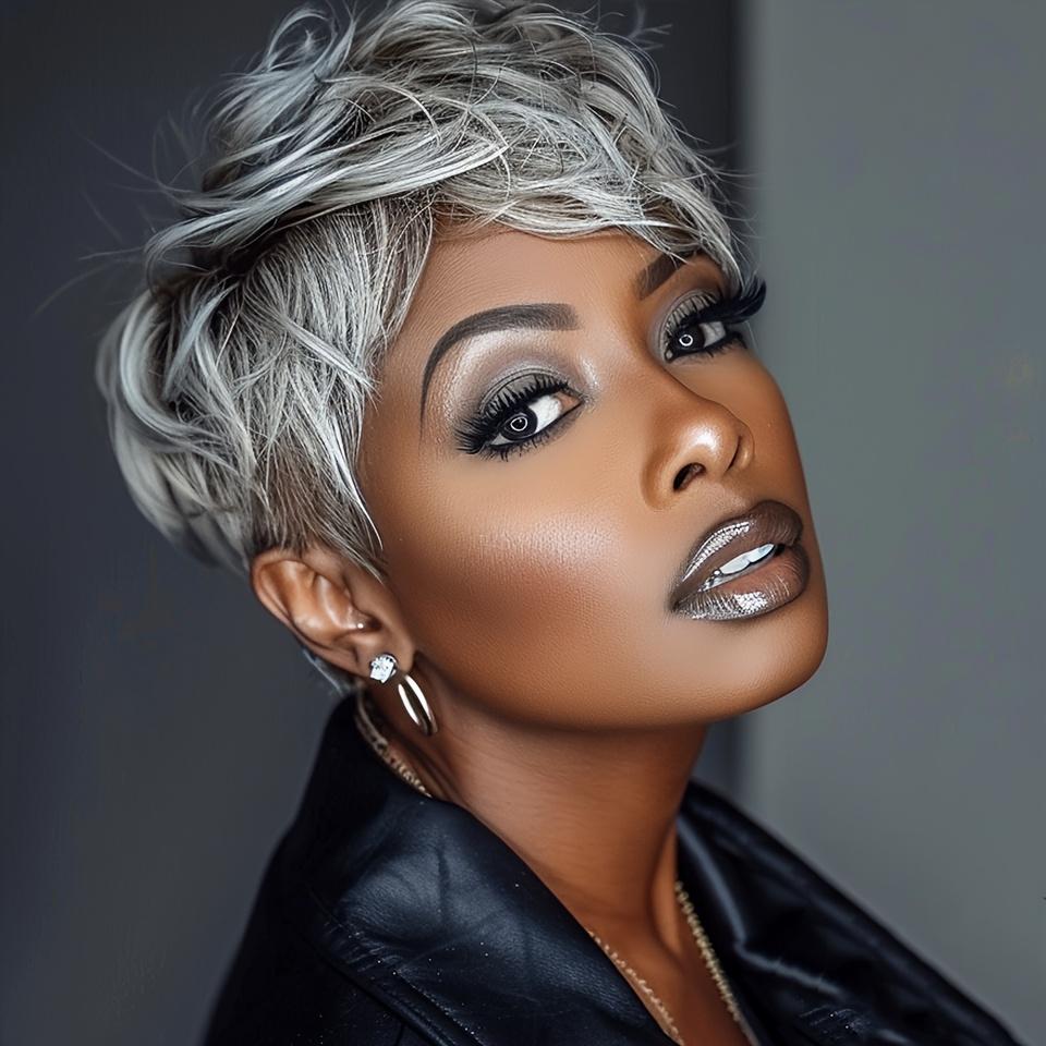"Women's Chic Pixie Cut Human Hair Wig Ash Grey Balayage Glueless 150% Density Brazilian Remy Hair Layered Bangs Natural Fullness For Daily & Special Events "	
