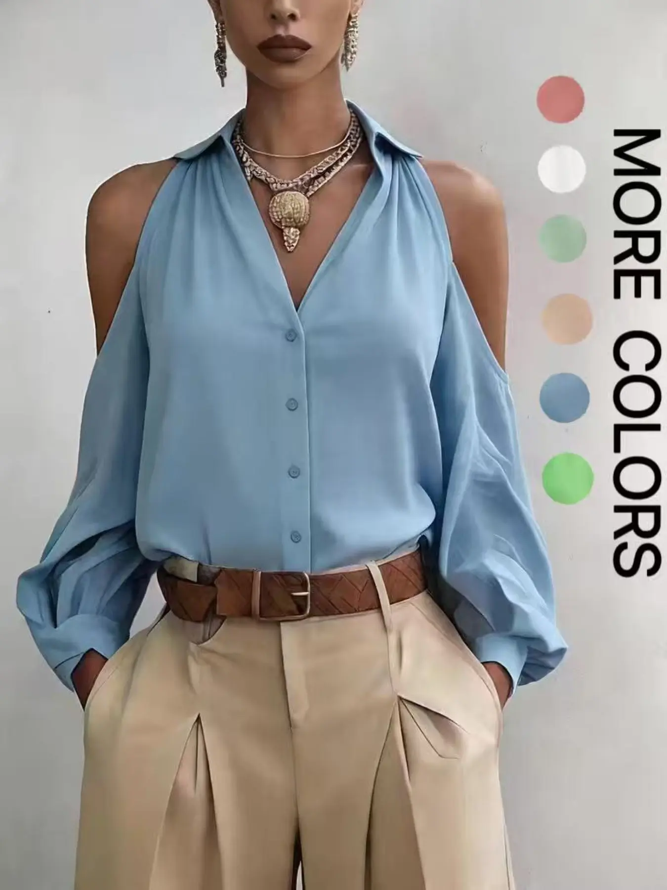 Elegant Aesthetic Women's Long Sleeve Blouse Shirt, Plain Solid Button Front Collared Design, Fitted Casual Top for Fall & Winter, Perfect for Office and Dates